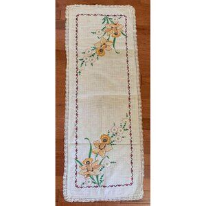 Vintage Hand Embroidered Floral Table Runner Lace Trim 15"x40"